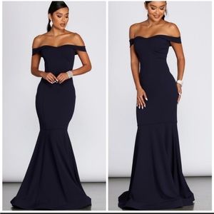 ROCHELLE NAVY OFF THE SHOULDER FORMAL FANTASY MERMAID DRESS
